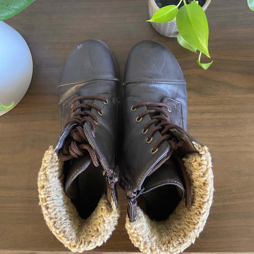Girls Brown Leather Ankle Boots with Knit Cuff